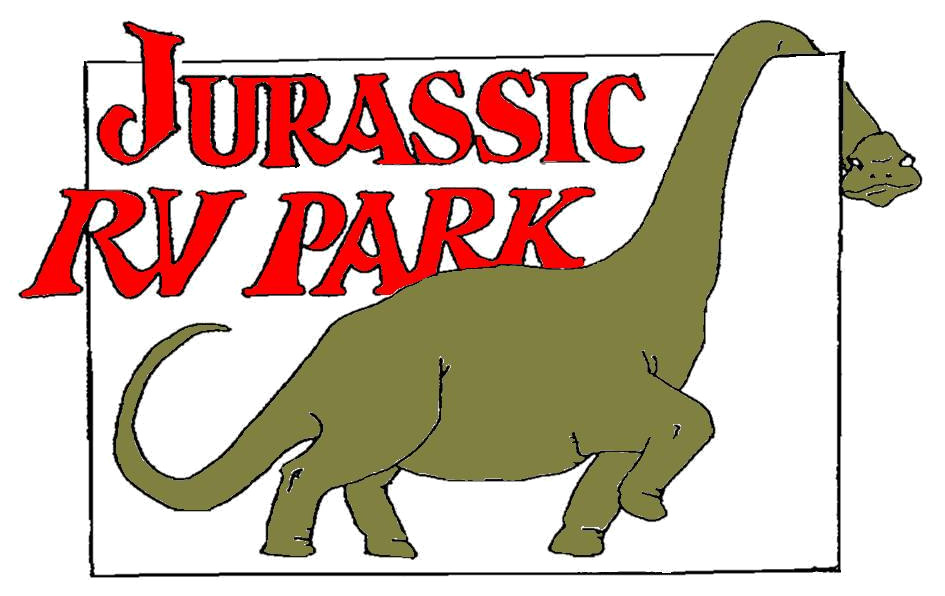 The dinosaur artwork from the original home page: the park name in red letters beside a long-necked dinosaur